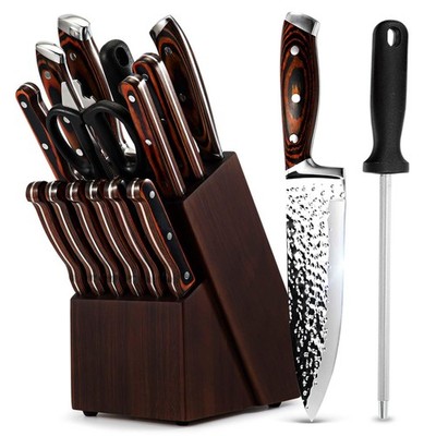 Knife Set, 15-Piece Kitchen Knife Set with Block Wooden German Stainless Steel