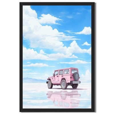 Pink Jeep on Cloudy Sky Landscape Canvas Oil Paintings Reproduction