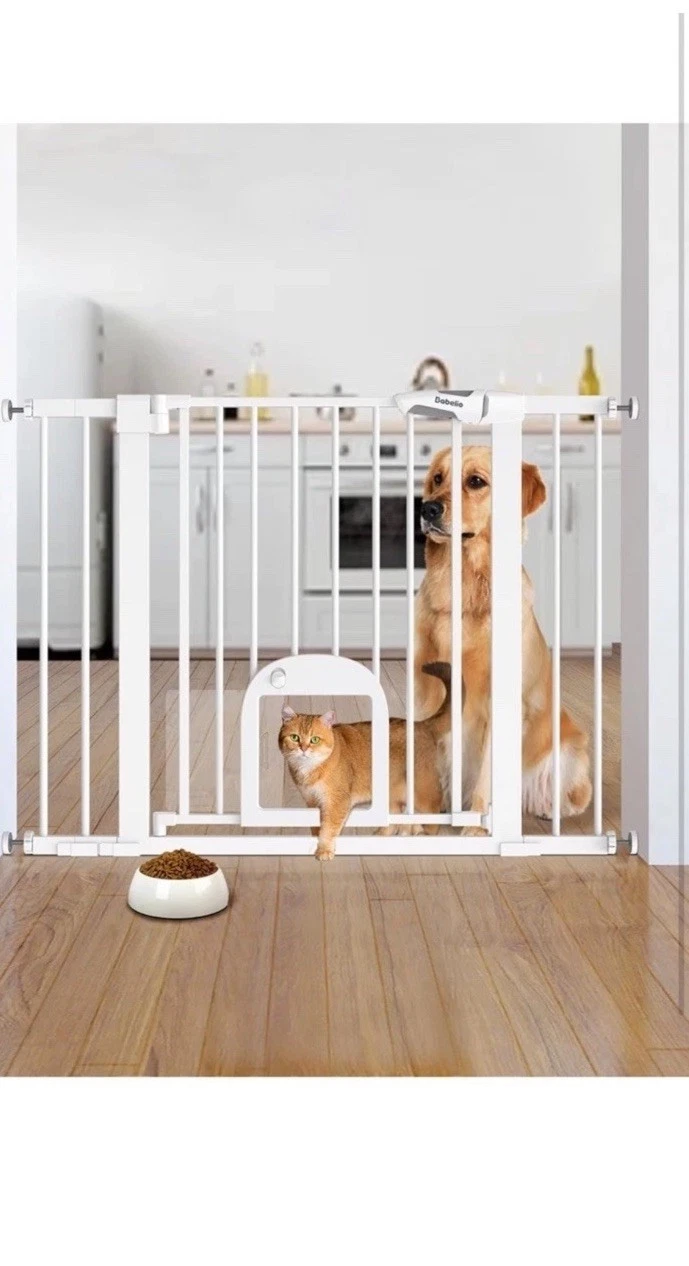 Baby Gate with Adjustable Cat Door,29-43" Auto Close Durable Pet Door for Sta...