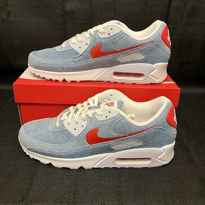 Nike Air Max 90 SE Denim Shoes DV2120 900 Blue Denim White Habanero Red Sz 13