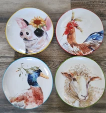 Pier 1 Farm Animal Salad Dessert Plates | Set of 4 | 8 3/4" | Farmhouse Rustic