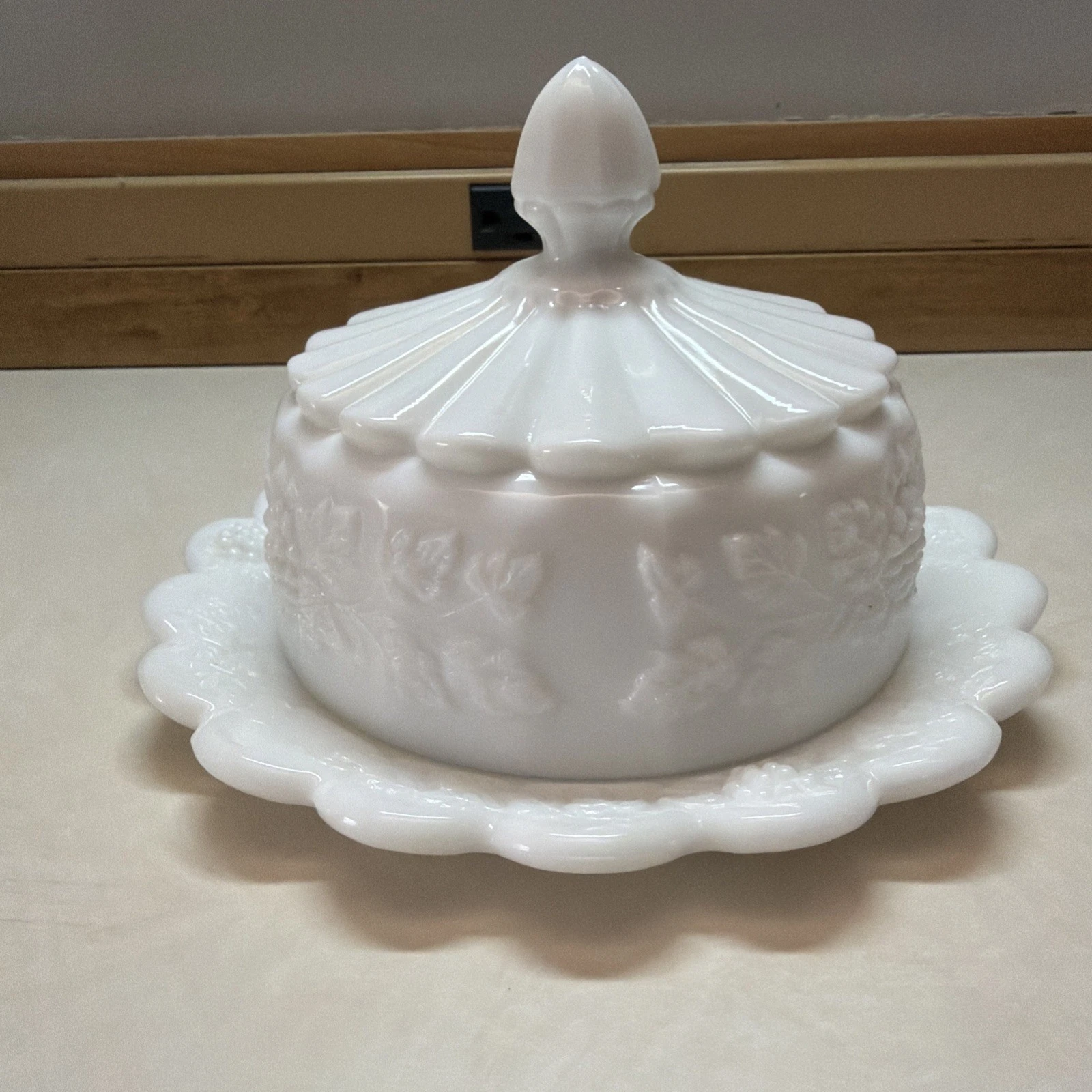 Westmoreland Milk Glass Paneled Grape Leaf Covered Cheese Butter Dish Mint