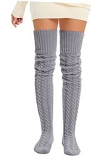 Women's Cable Knit Thigh High Socks Leg Warmers Extra Long Over Knee High Grey