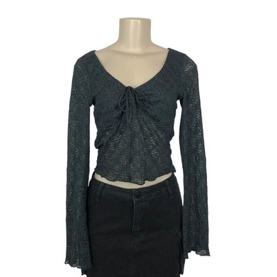 Just Polly Y2K Black Lace Tie Front Bell Sleeve Crop Top M Witchy Whimsigoth
