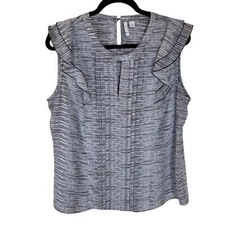 ELLE Womens Sz L Black White Striped Sleeveless Blouse