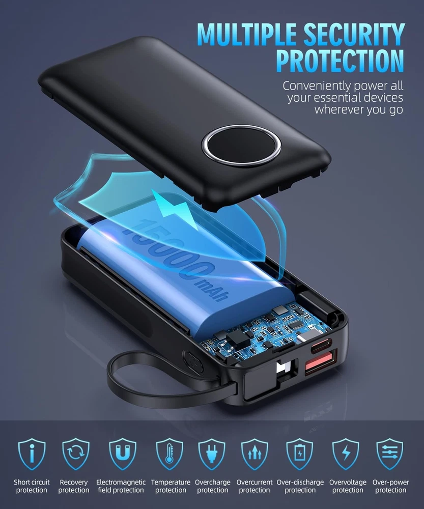 15000mAh Power Bank with Built-in Cables for Fast Portable Charging