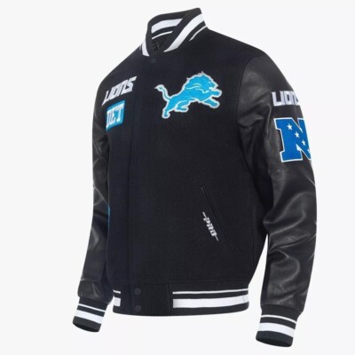 PLG Men`s Detroit Lions Rib Wool Varsity Jacket with Black Sheep Leather Sleeves