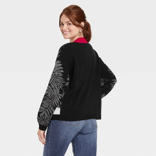 Women's M Medium Ugly Christmas Flamingo Tree Graphic Pullover Sweater - Black