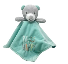 BABY STARTERS Teddy Bear Be Happy Lovey Plush Rattle Gray Blue 2017 Soft EUC