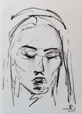 Female Portrait Oil Pastel Drawing 12X8" MINIMALISM VIVEK MANDALIA Contemporary