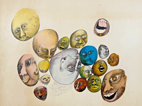 Vtg Painting Unusual Faces MCM 1950s Ink & Paint Mixed Media Pop Art Psychedelic