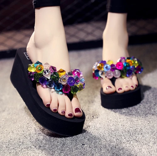 Chanclas de mujer con estrás tacón de cuña sandalias de plataforma zapatillas de verano zapatos - Imagen 7 de 12