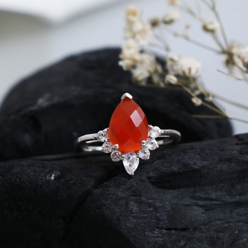 Red Carnelian Teardrop Cut Ring 925 Sterling Silver Engagement Ring Gift For her - Image 2 of 4