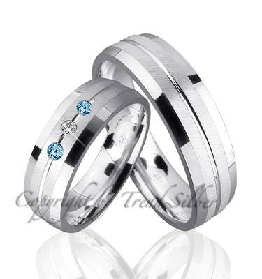 2 Silber 925  Trauringe mit echten Blautopas und echten Diamant & Gravur J53-3BD