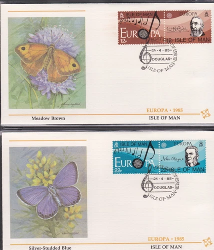 GREAT BRITAIN ISLE OF MAN 1985 FLEETWOOD 2 FDCs EUROPA MUSIC + BUTTERFLY CACHET