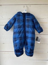 NWT Eddie Bauer Infant Down Blue Plaid Hooded Snowsuit/Bunting, Size 0-3M