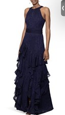 Xscape Long Chiffon Tiered Ruffle Dress Navy blue size 16 broken zipper