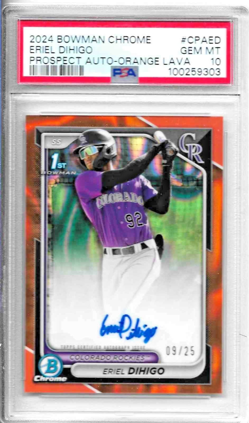 ERIEL DIHIGO 2024 BOWMAN CHROME ORANGE LAVA REFRACTOR 1ST AUTO RC /25 PSA 10