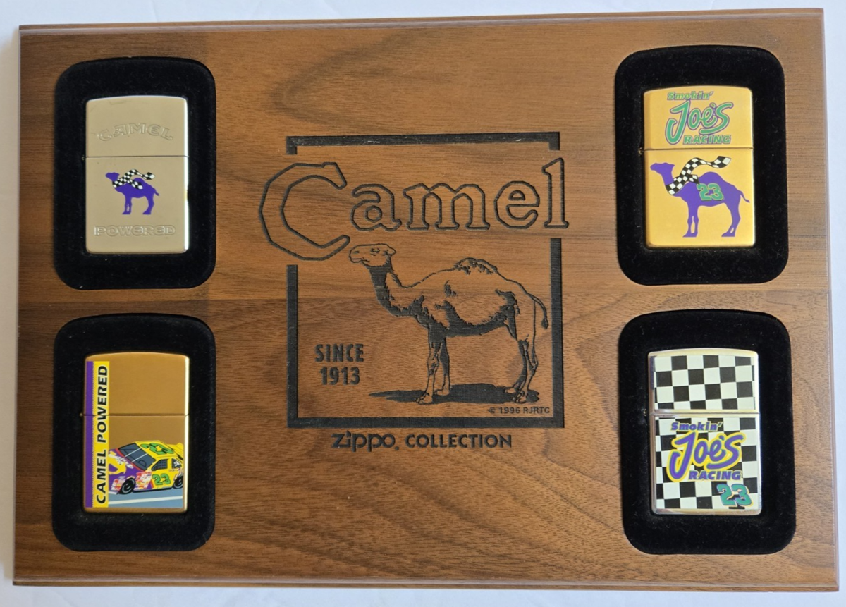 VTG 1996 SMOKIN JOE CAMEL RACING ZIPPO SET ORIG WOOD PLAQUE CASES