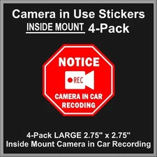Camera in Car Recording Video 4-Pack INSIDE MOUNT Decals Red Stop Shape 2.75"