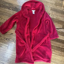 Pottery Barn Kids Fleece Hooded Robe Red Plush Bathrobe Size 4-6 Cozy