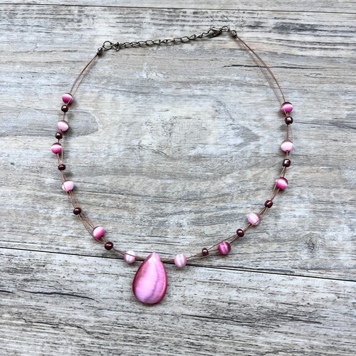 Pink Cat Eye Beaded Necklace Teardrop Pendant Delicate Y2K Style Jewelry Vintage