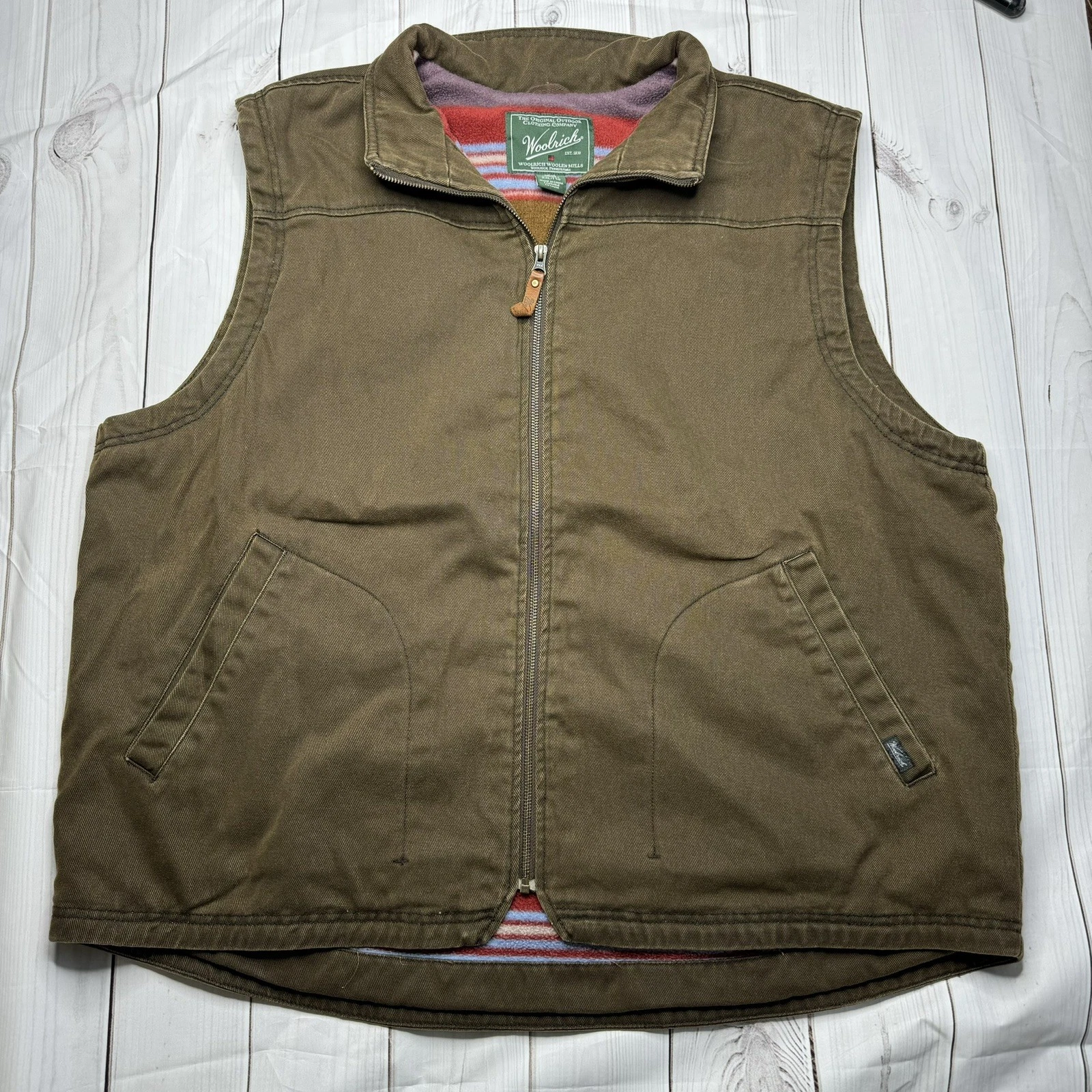 Vintage Woolrich Brown Canvas Fleece Lined Full Zip Chore Vest Men’s XXL Saddle