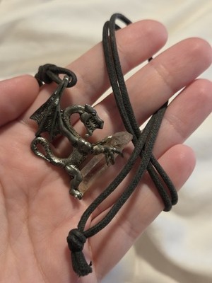 Vintage Pewter Dragon Holding Crystal Pendant Handmade
