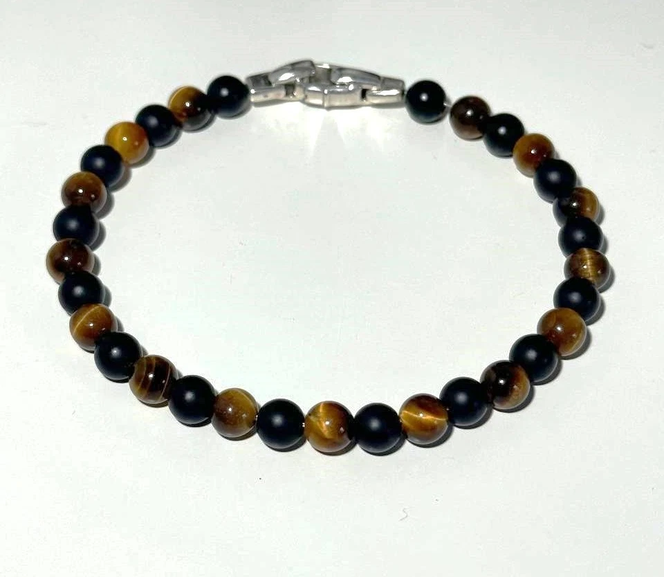 Auténtico David Yurman Hombre Pulsera Cuentas Ónix Negro y Ojo de Tigre Foto 3 de 4