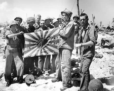 Marines display captured Japanese Flag on Eniwetok WWII WW2 8x10 Photo 696c