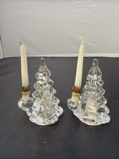 Vtg Glass Tree Taper Candle Holders 4" Tall Heavy Clear Lot of 2 Matching 1990s