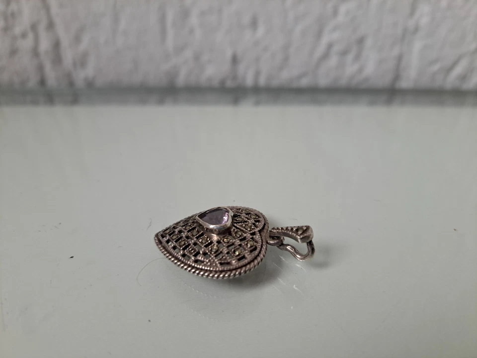 Molto Bello, Vecchio Ciondolo, 925 Argento Con Ametiste E Marcasite - Immagine 2 di 4