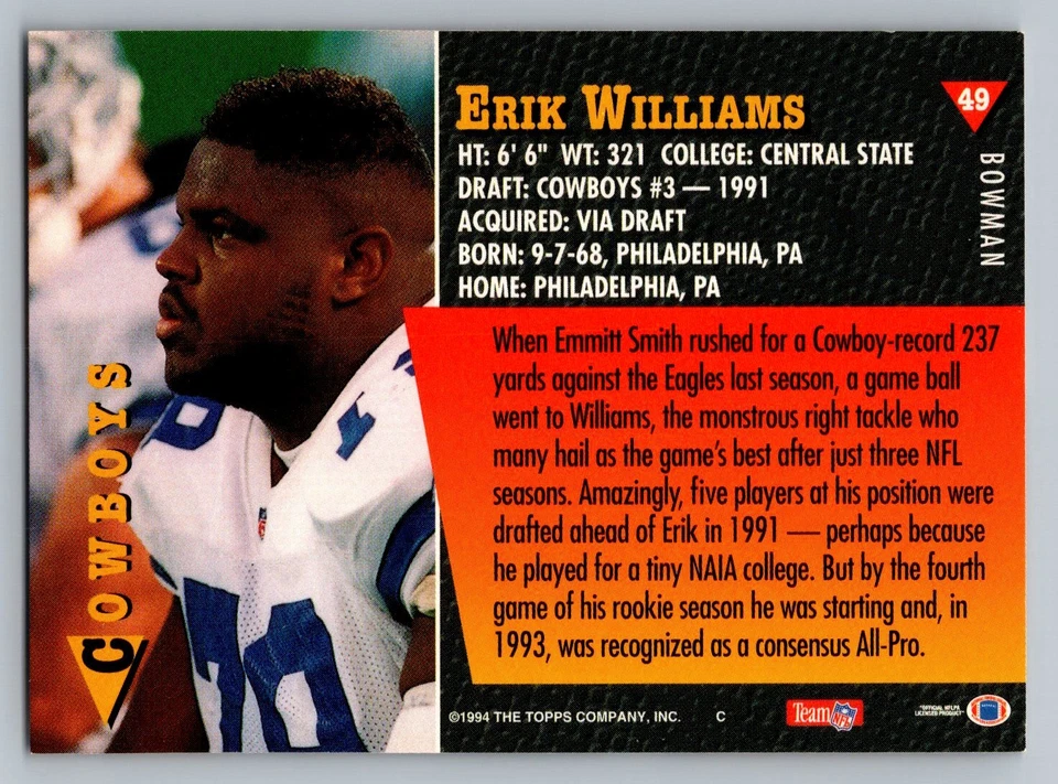 1994 Bowman #49 Erik Williams Dallas Cowboys Free S&H - Image 2 of 2