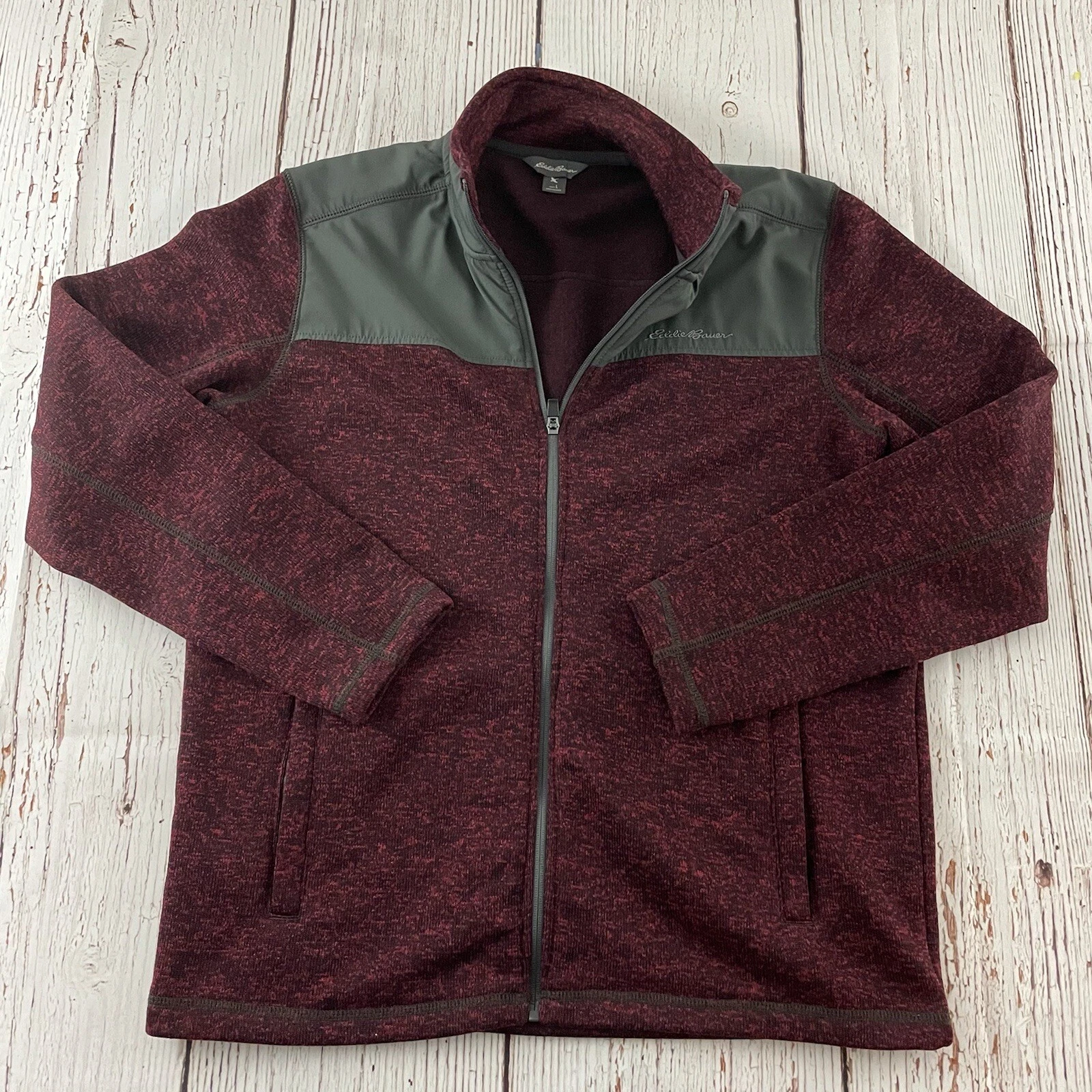 Eddie Bauer Full Zip Knit Fleece Jacket Men's Large Maroon Gray