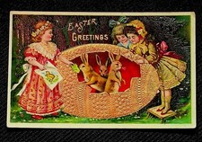 Easter Greetings Girls Dresses Feeding Rabbits Egg Gelatin Embossed DB Germany