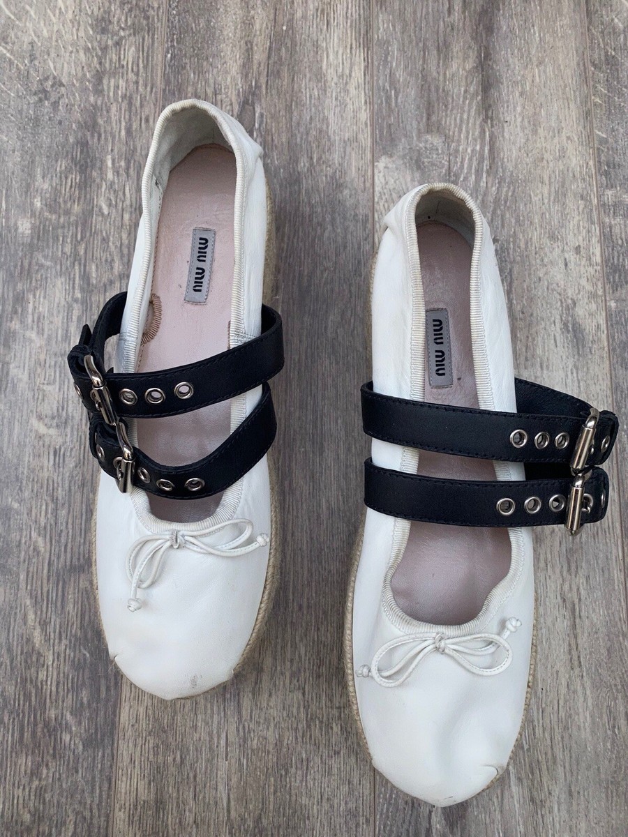 Miu Miu Ankle-wrap Platform💎Espadrille Ballerina Flat White