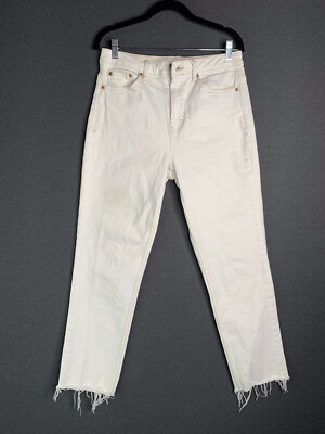 Topshop White Cut Off Raw Edge Jeans Straight High Waisted Stretch Women Size 8
