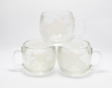 1970 Vintage NESTLE Nescafe World Globe Frosted Glass Coffee Mugs- Set of 3
