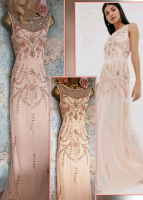 Amelia Rose Asos Nude Lace 20s Gatsby wedding beaded occasion Tall prom dress 10