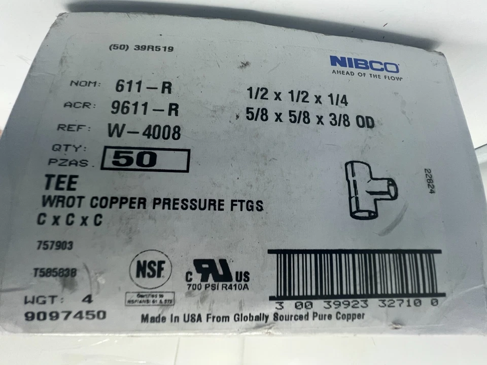 QTY 50 NIBCO Wrot Copper, Cup x Cup x Cup, 1/2 in x 1/2 in x 1/4 in Copper Tube - Image 2 of 4