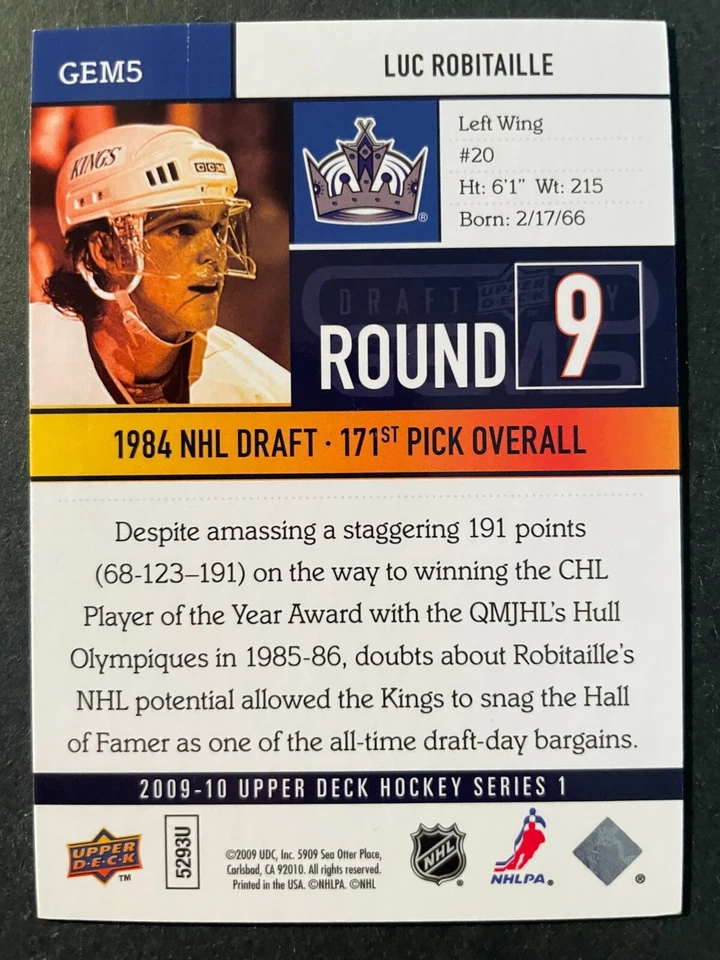 Luc ROBITAILLE 2009-10 Upper Deck Series 1 Draft Day Gems #GEM5 - Image 2 of 2