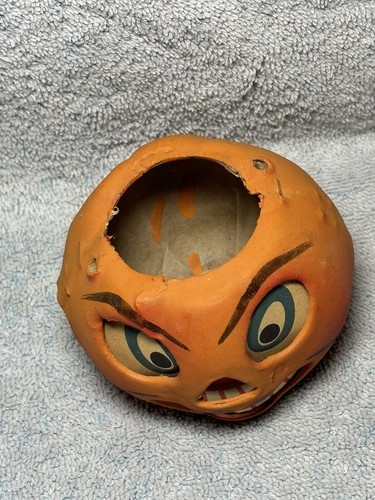 Vintage Halloween Pressed Paper Mache Pumpkin Jack-o-Lantern Candle Holder - Picture 2 of 9