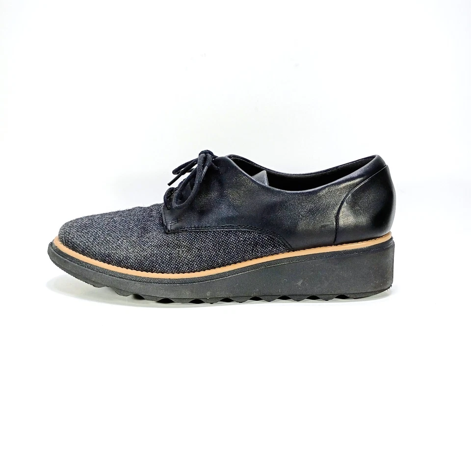Clarks Sharon Rae Womens 8.5 Gray Tweed And Black Leather Oxford Low Wedge Shoe - Image 4 of 4