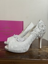 Emily Bridal White Lace Open Toe High Heels Rhinestone Floral Wedding Shoes 37