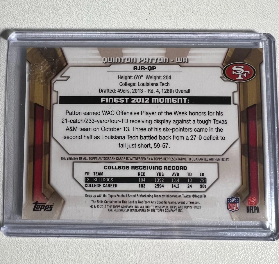 2013 Topps Finest - Autographed Jumbo Relic Quinton Patton #AJR-QP (AU, MEM, RC) - Image 2 of 2