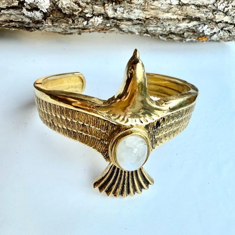 925 Silver&Gold Plated Eagle With Moonstone Gemstone Wildlife Unisex Cuff Bangle - Image 2 of 4