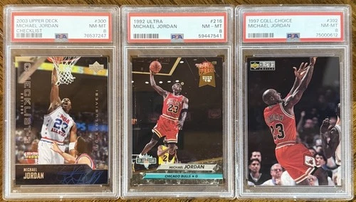 (3) MICHAEL JORDAN PSA 8 CARD 1992 ULTRA,2003 UPPER DECK &COLLECTORS CHOICE READ