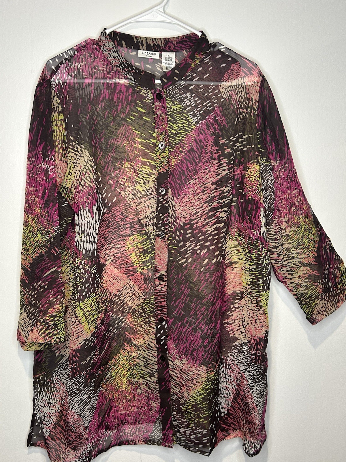 Liz Baker Multicolor Patterned Sheer Button-Up Tu… - image 1
