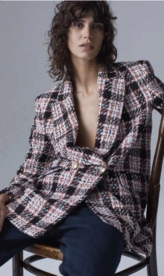 Blazer ZARA Elegante Tweed Cuadros Doble Pecho Nuevo con Etiquetas Talla: S Botones Dorados Foto 3 de 4