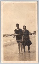 Vtg B W Snapshot Couple In Antique Striped Swimwear Bathing Suits Beach 1920s